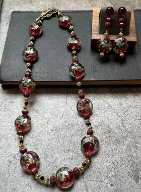 非遗Vintage酒红色玻璃珠项链