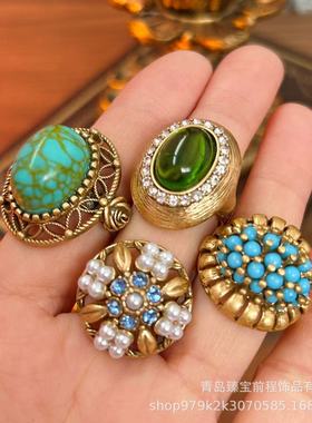 古董杂做旧铜材质戒指中古vintage松石镶嵌镂空珍珠雕刻开口戒指