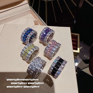 王嘉尔同款戒指彩钻排钻微镶满钻粉色紫色蓝色彩宝宽版排戒男女