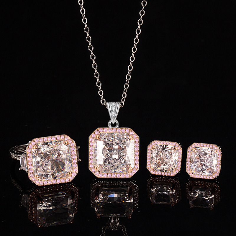 小红书直播方形高碳钻冰花切套装时尚轻奢彩宝戒指耳钉项链三件套