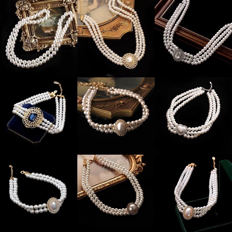 法式轻奢镶钻人造珍珠项链复古宫廷风锁骨链小众高级感饰品批发女