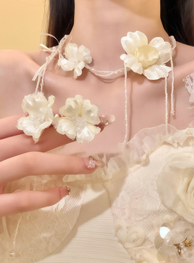 珍珠花朵缎带耳环项链套装超仙甜美时尚气质锁骨链轻奢高级感项饰