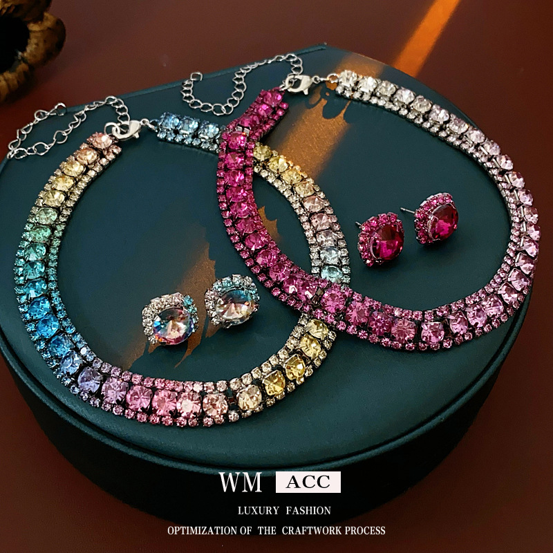 镶钻方形耳环项链小众轻奢气质高级感耳钉锁骨链时尚优雅礼服饰品