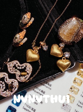 珠宝 复古拉丝屁桃爱心项链 晶洞原石 虎眼石点钻葫芦耳环套装