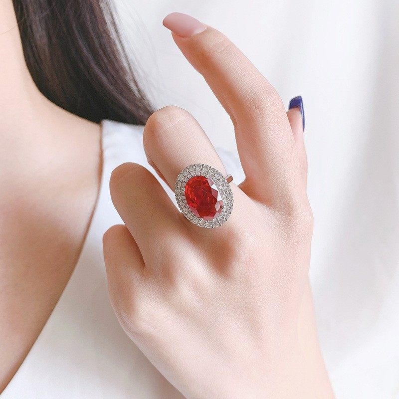欧美复古椭圆鸽子蛋红宝石戒指紫罗兰微镶锆石彩宝活口气质食指戒