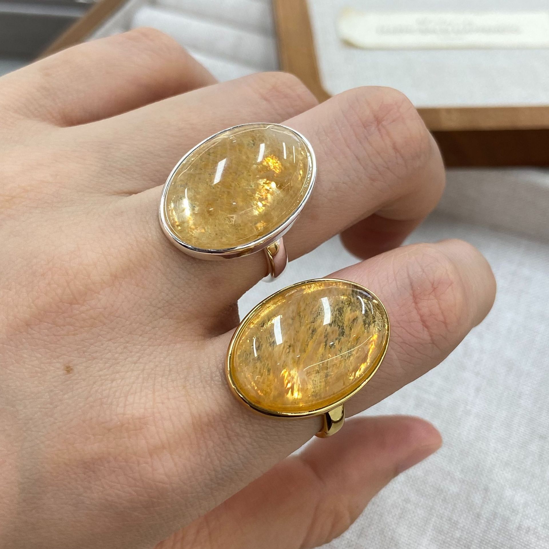 复古天然黄水晶金属椭圆开口女戒