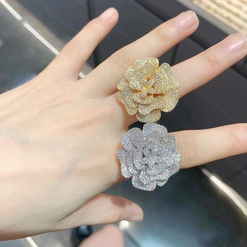 时尚复古气质山茶花满锆戒指奢华玫瑰花立体花朵指环晚宴礼服手饰