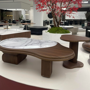 中古风微晶石异形茶几角几组合现代轻奢客厅设计师休闲简约胡桃色