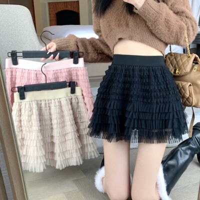 大码女装半身裙女秋装新款高腰显瘦a字百褶短裙设计感纱裙蛋糕裙