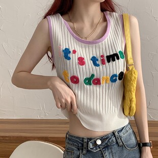泫雅风ins超火撞色字母刺绣吊带背心大码女装胖妹妹修身针织上衣