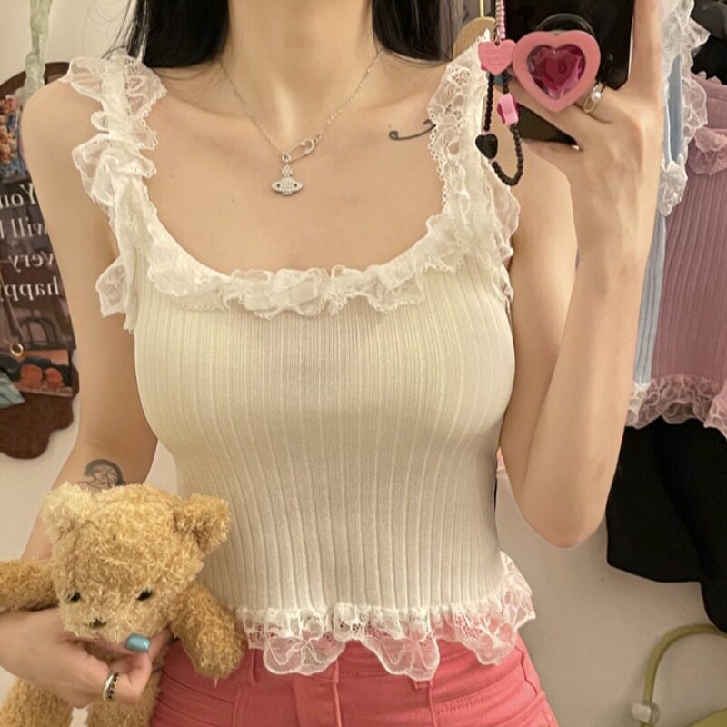 夏季胖妹妹清纯小白花针织背心大码女装蕾丝边拼接显瘦吊带上衣潮