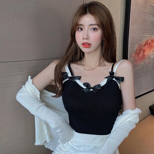 大码胖妹妹减龄蝴蝶结针织小衫夏装修身显瘦学生外穿撞色吊带背心