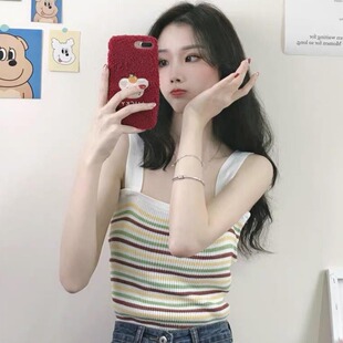 夏季泫雅风辣妹撞色拼接针织背心胖妹妹韩版洋气修身显瘦吊带上衣