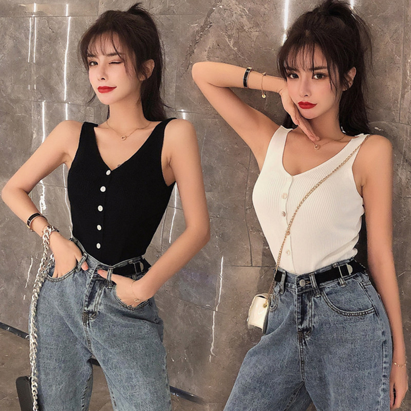 夏季性感炸街V领冰丝针织背心大码女装胖妹妹修身显瘦打底上衣潮