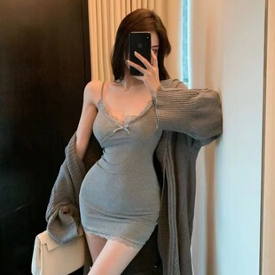 大码辣妹纯欲蕾丝吊带风情万种的连衣裙女夏季修身紧身包臀短裙子