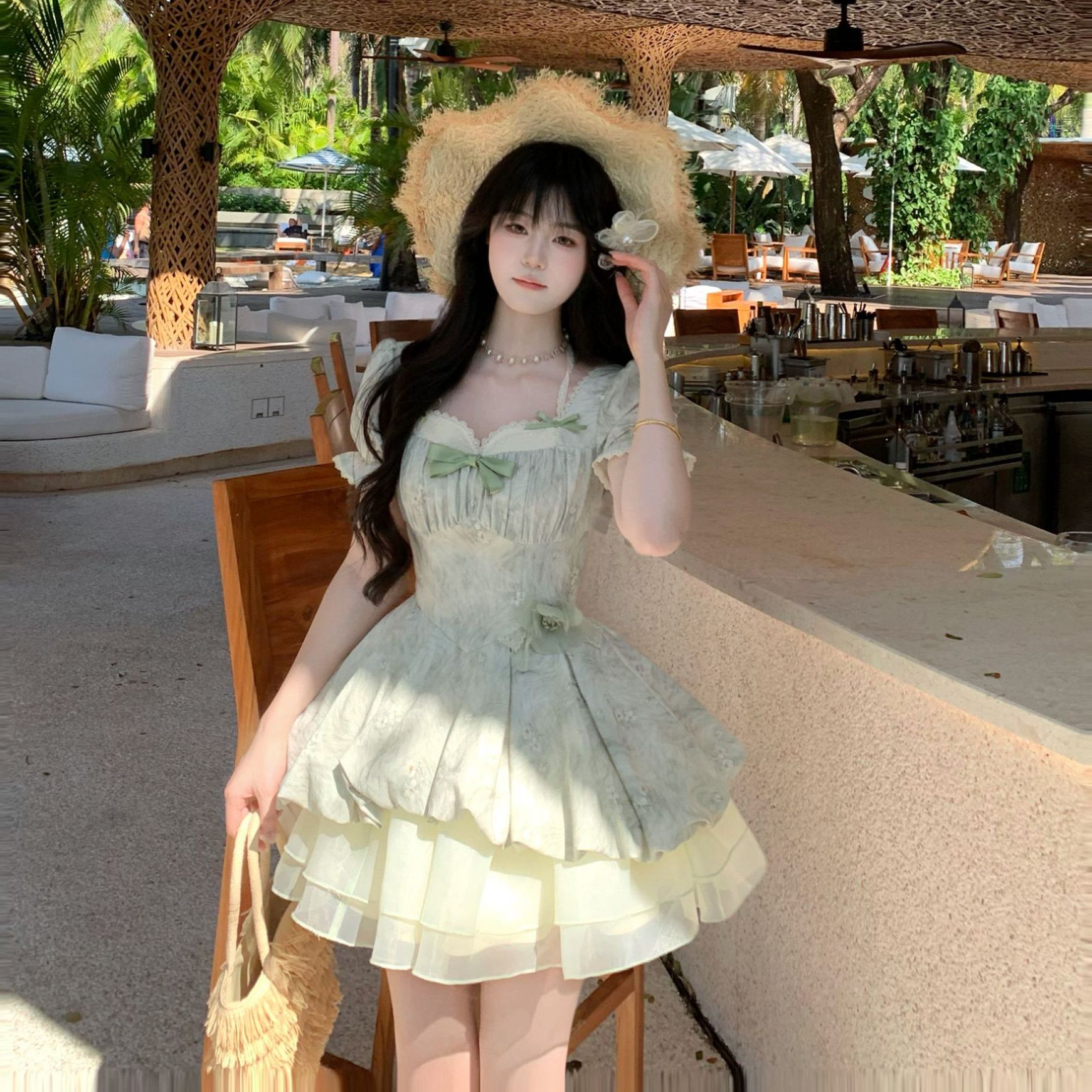 超高颜值少女连衣裙清新甜美收腰裙蕾丝泡泡袖公主群小清新蓬蓬群