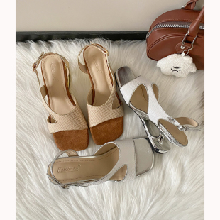 一字带百搭气质异形跟高跟鞋 女夏季 方头露趾坡跟凉鞋 增高7cm法式