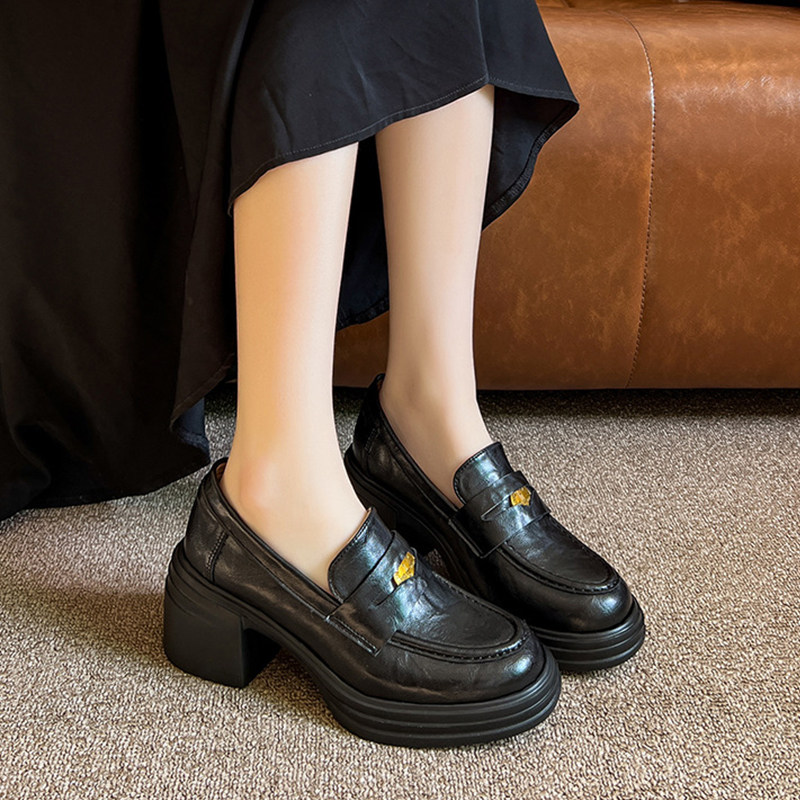 真皮版～英伦风粗跟乐福鞋女一脚蹬小金币复古单鞋厚底不累脚女鞋,女鞋,乐福鞋（豆豆鞋）,淘宝优惠券,粉丝福利购,淘宝优惠卷