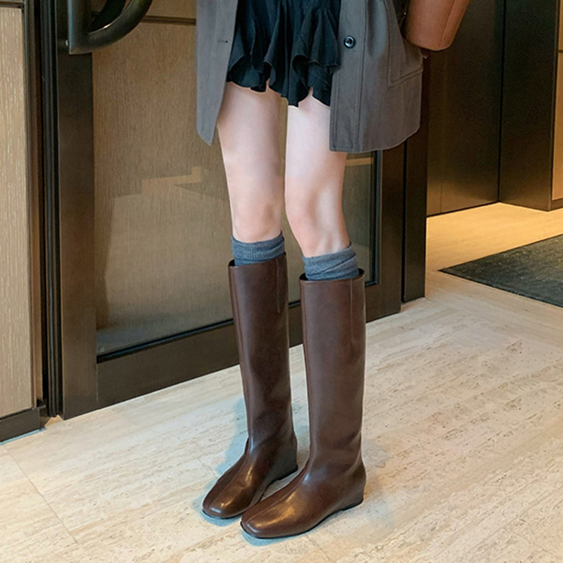 复古风方头平跟内增高骑士靴