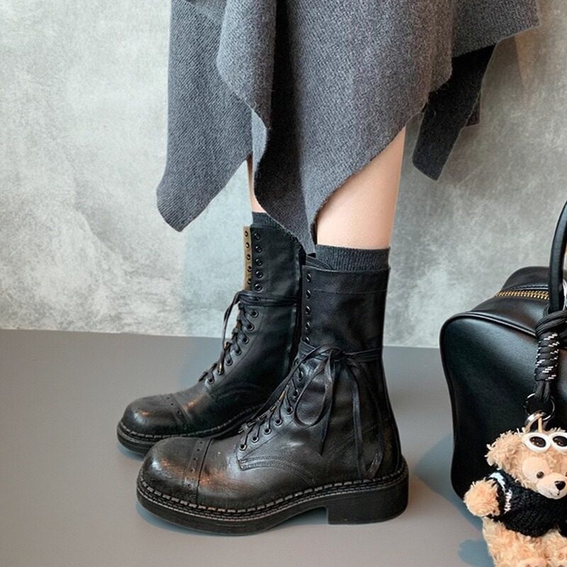 真皮版～复古英伦风马丁靴女秋冬粗跟高筒靴系带骑士靴百搭机车靴
