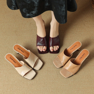 凉拖 一字拖高跟凉鞋 增高7cm通勤风羊皮粗跟穆勒鞋 女外穿2026夏季
