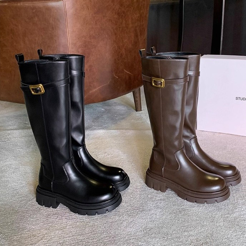 高筒骑士靴增高厚底棕色长靴子