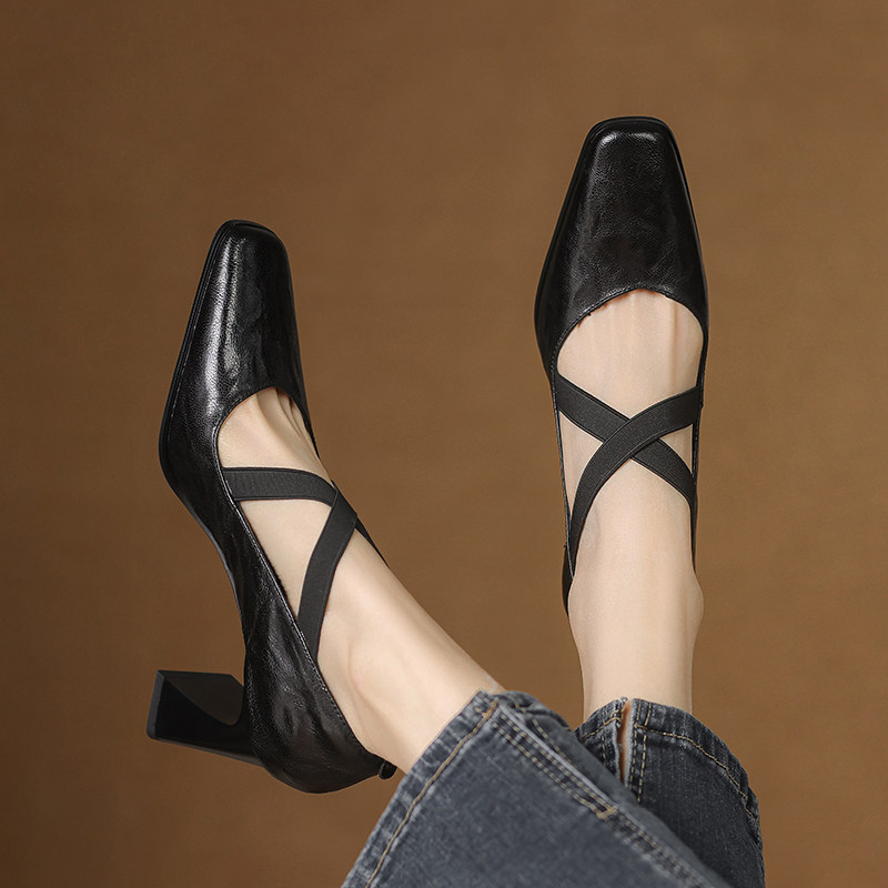 真皮版～法式复古风玛丽珍鞋浅口粗跟气质高跟鞋女交叉带单鞋女,女鞋,玛丽珍鞋,淘宝优惠券,粉丝福利购,淘宝优惠卷