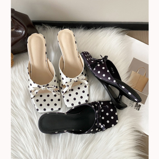 增高7cm蝴蝶结方头露趾坡跟凉鞋 女甜美风一字带异形跟波点高跟鞋