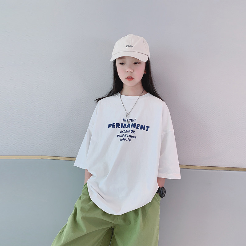 女童纯棉短袖T恤2023夏装新款韩版中大童洋气上衣宽松半袖体恤潮