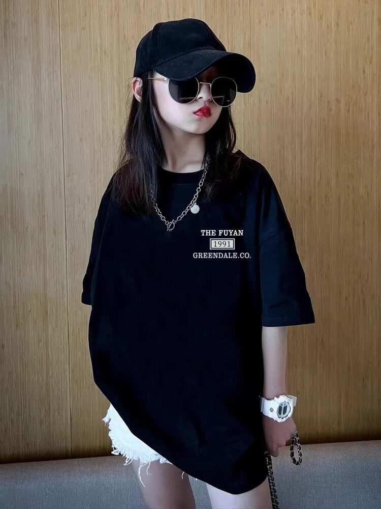 女童黑色纯棉短袖T恤2025夏装新款中大童潮酷女孩洋气半袖上衣潮