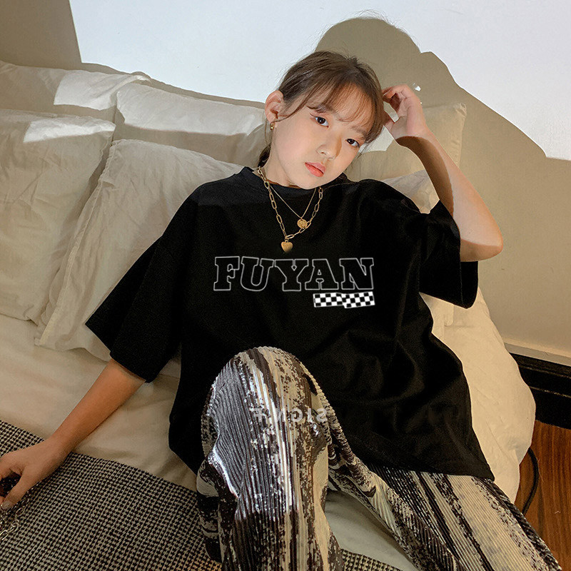 女童夏装黑色短袖T恤2023新款韩版潮牌中大童纯棉字母半袖上衣潮