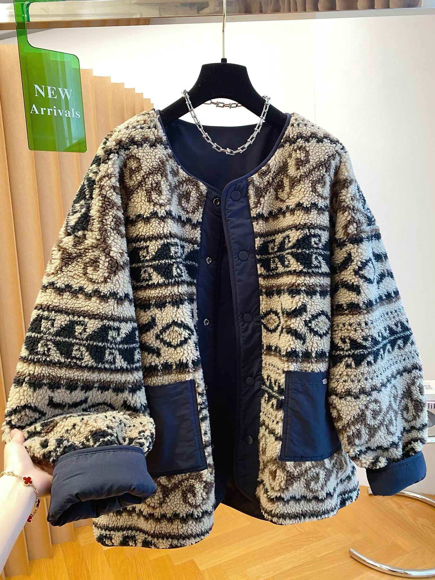 高级美式羊羔复古外套拼接两穿秋冬棉服慵懒羊羔绒大衣