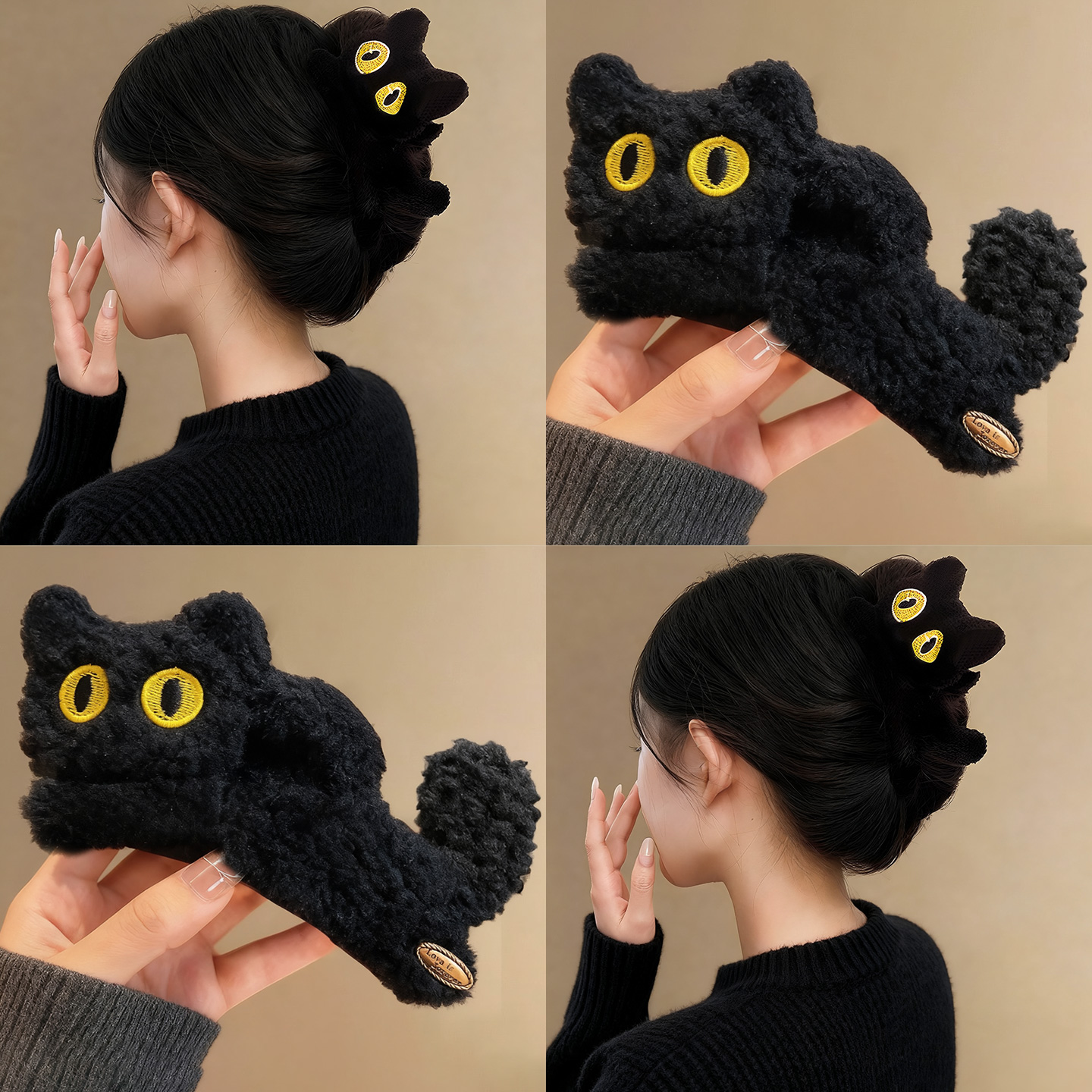 可爱黑色猫咪毛绒抓夹女秋冬新款大号发夹后脑勺气质鲨鱼夹子头饰
