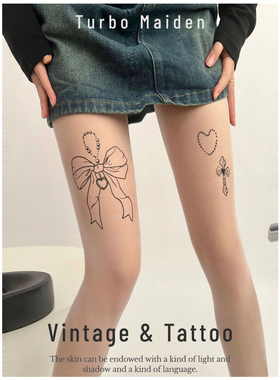 古早轻亚风蝴蝶结十字架文身肤色薄款丝袜y2k辣妹性感叠穿打底