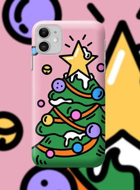 可爱插画圣诞树手机壳适用于苹果13/14菲林硬壳iphone12pro/13pro软壳防摔小米9/10/11四包亮面三星S21涂层壳