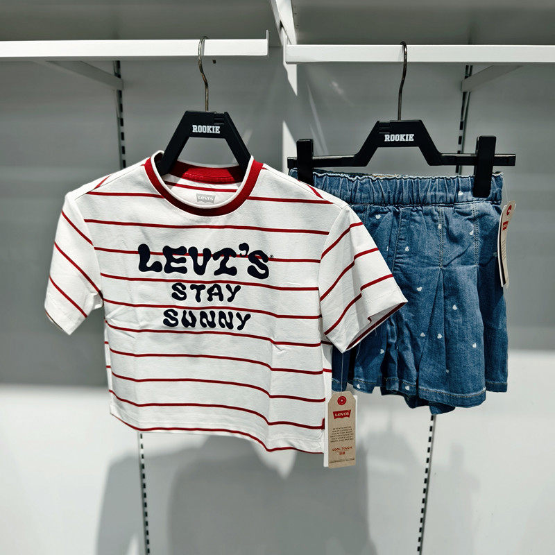 Levi's李维斯女童美式条纹短袖T恤宽松圆领字母印花上衣LV2622066