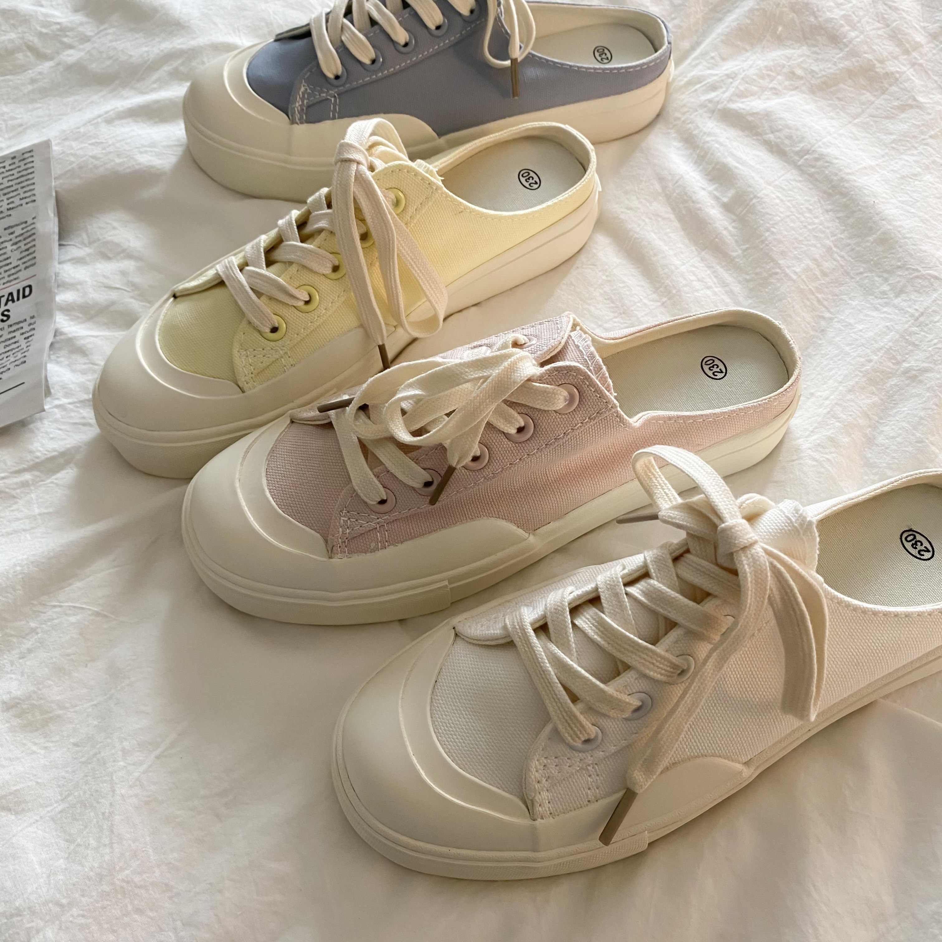 多彩仙女风帆布鞋女2023新款半托夏季薄款ins踩脚粉色蓝色一脚蹬