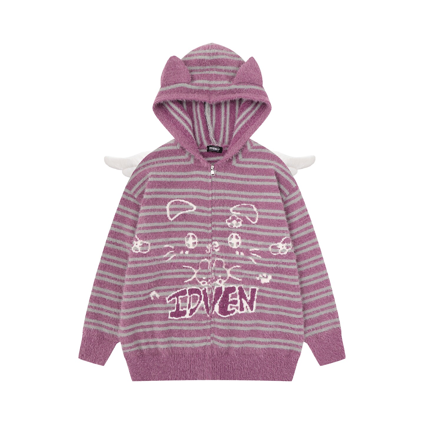 MoCreation 秋冬y2k涂鸦耳朵连帽拉链毛衣女宽松条纹开衫针织外套