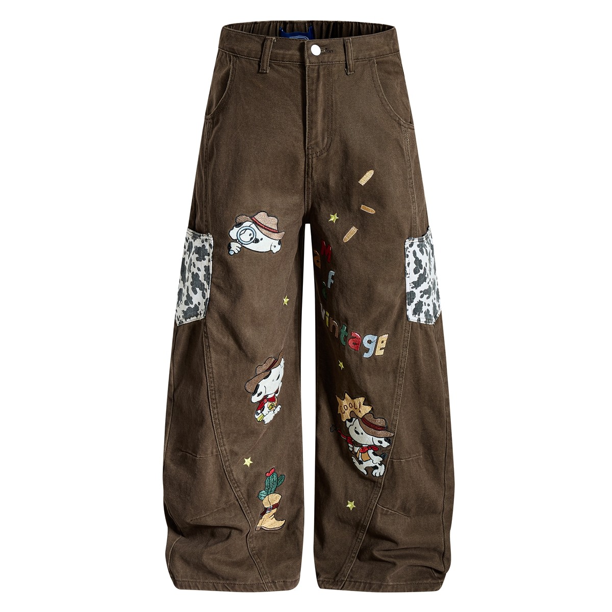 MoCreation美式复古卡通印花阔腿牛仔裤情侣宽松显瘦休闲长裤百搭