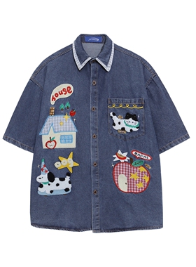 MoCreation美式复古卡通刺绣牛仔衬衫男女短袖宽松童趣风潮款衬衫