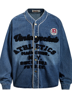 MoCreation 美式复古风字母刺绣牛仔外套女宽松立领长袖潮流上衣