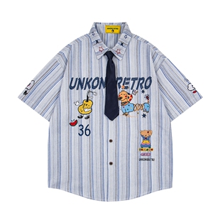 MoCreation日系复古卡通刺绣短袖衬衫女宽松学院条纹衬衣短袖上衣