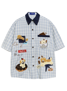 MoCreation美式卡通小狗刺绣格子短袖衬衫男女宽松学院风情侣衬衣