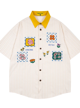 MoCreation日系复古卡通花朵刺绣短袖衬衫女夏季宽松条纹撞色衬衣