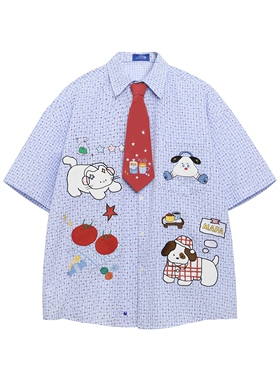 MoCreation日系卡通刺绣格子短袖衬衫男女宽松配领带夏日可爱上衣