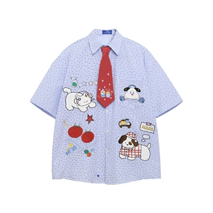 MoCreation日系卡通刺绣格子短袖衬衫男女宽松配领带夏日可爱上衣