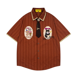 MoCreation 美式复古卡通刺绣短袖衬衫女宽松百搭领带设计感衬衣