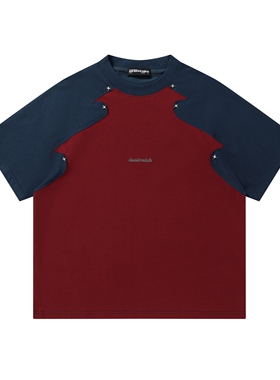 MoCreation 美式解构撞色插肩短袖T恤男女宽松小众设计感铆钉上衣