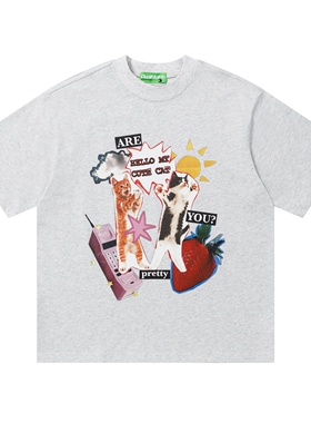 MoCreation 美式卡通风猫咪印花短袖T恤男女宽松百搭情侣套头上衣