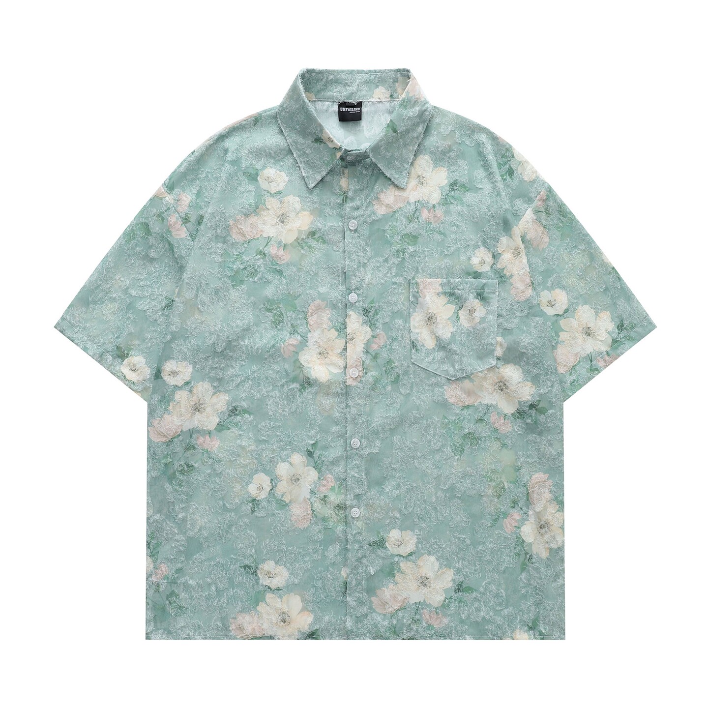 MoCreation 美式休闲宽松短袖衬衫男女植物花卉印花翻领夏季上衣